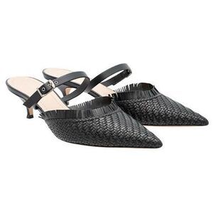 CHRISTIAN DIOR Lambskin Woven Teddy D Mule Sandals Black Kitten Heels Size 38.5